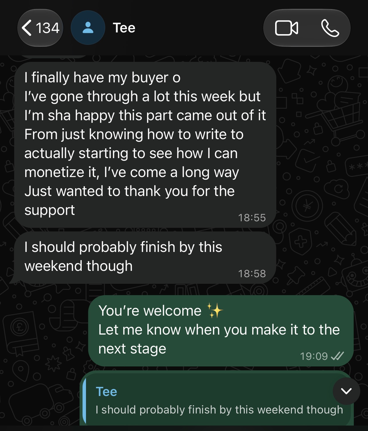 WhatsApp message from a Skill To Sales customer saying they finally have a buyer and can see how to monetise the skill