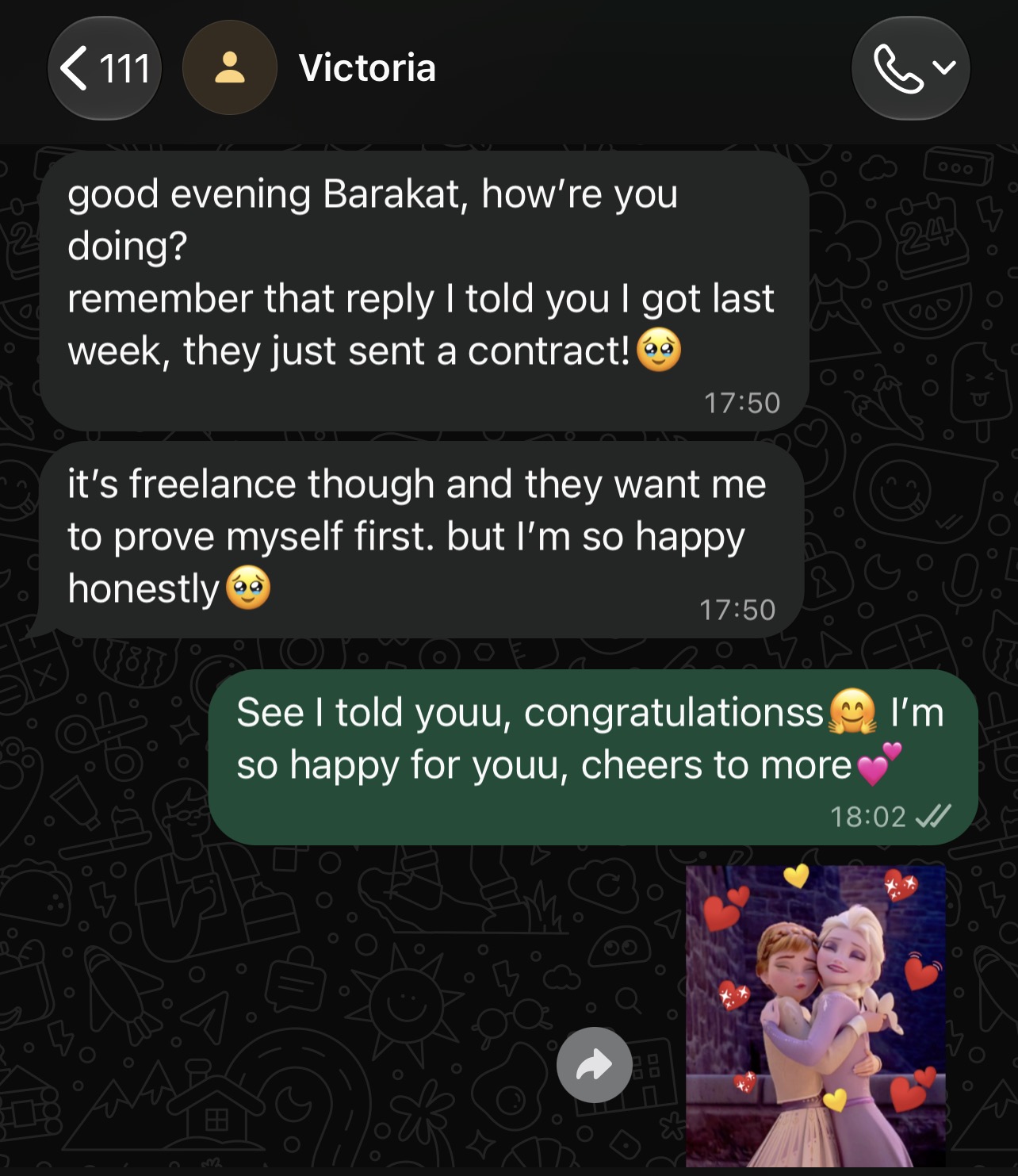 WhatsApp message from a Skill To Sales customer saying they received a freelance contract